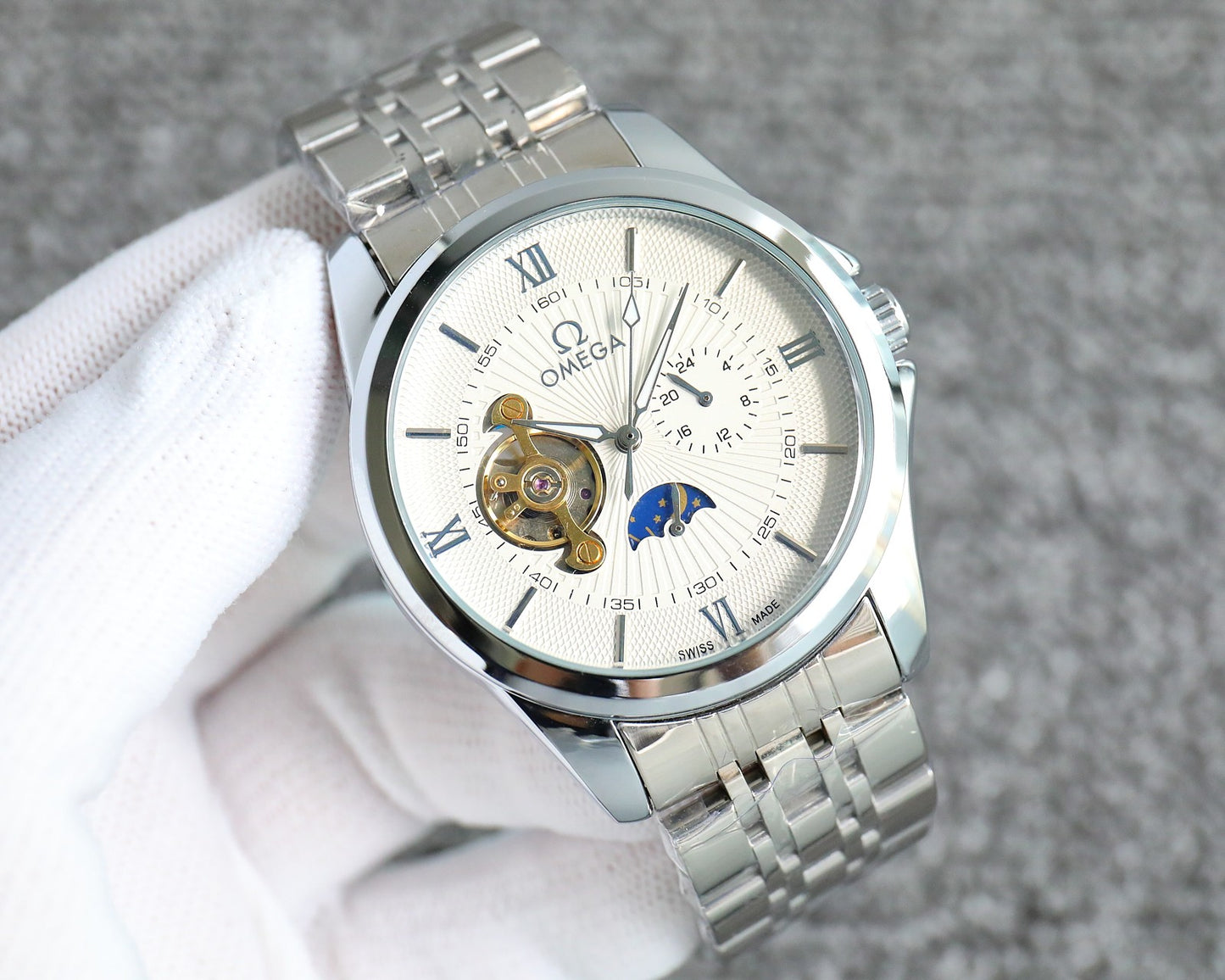 Omega Nine Wheel Fully Automatic Sun Moon Star Metal Strap Watch