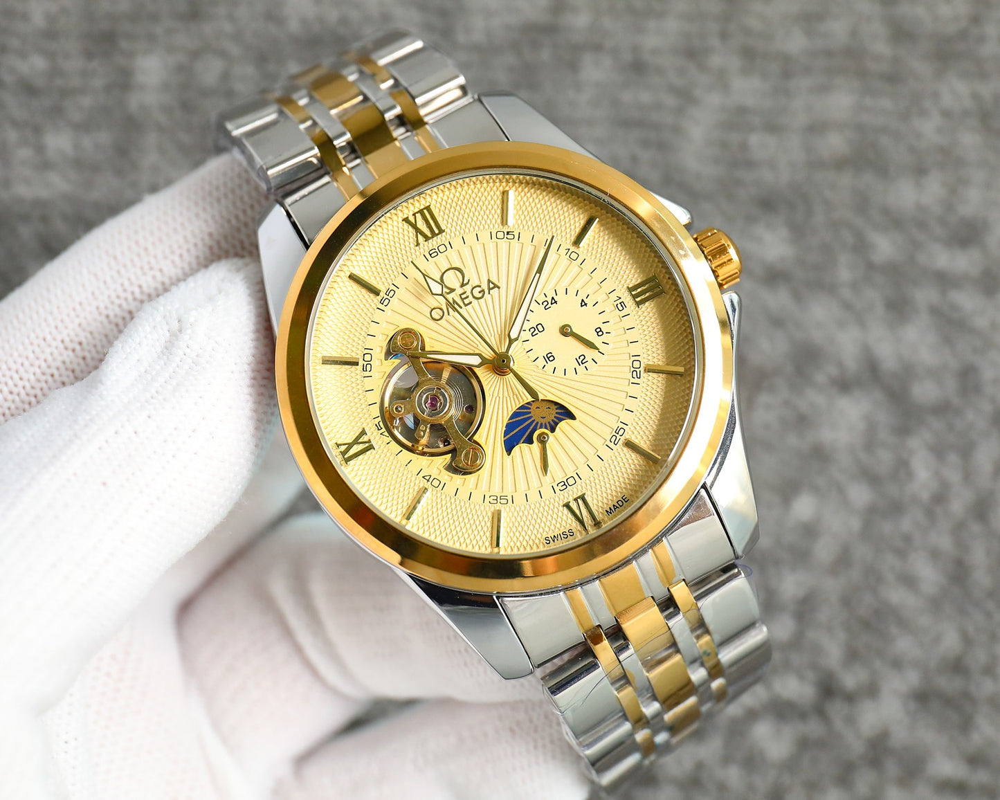 Omega Nine Wheel Fully Automatic Sun Moon Star Metal Strap Watch
