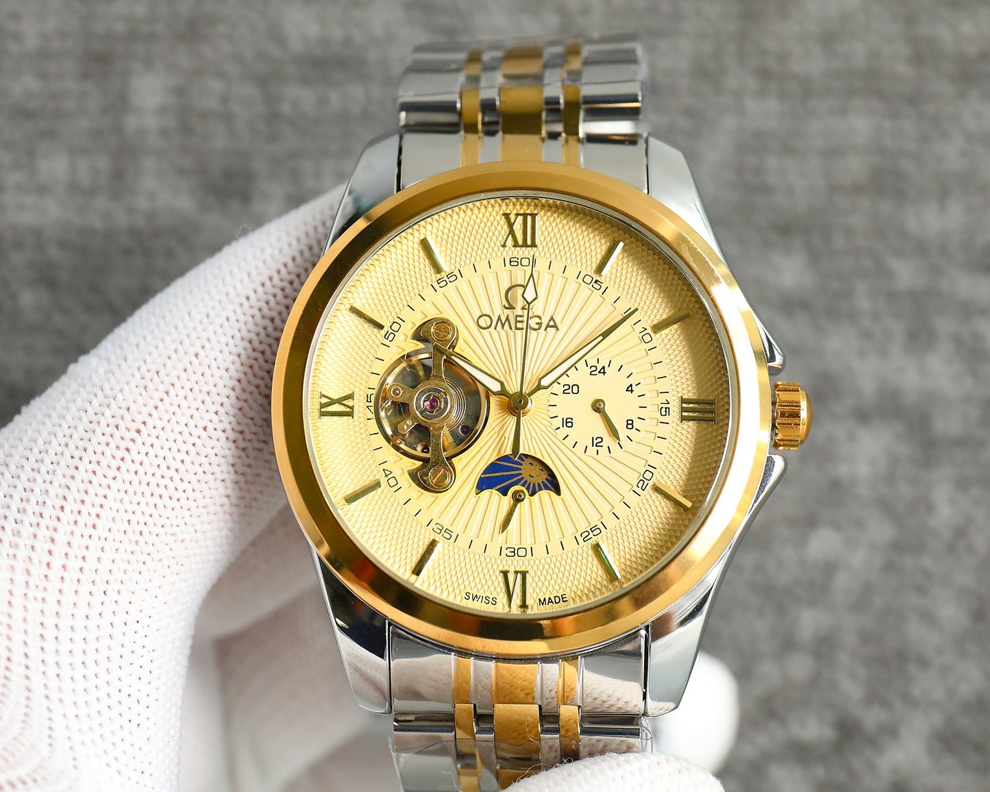 Omega Nine Wheel Fully Automatic Sun Moon Star Metal Strap Watch