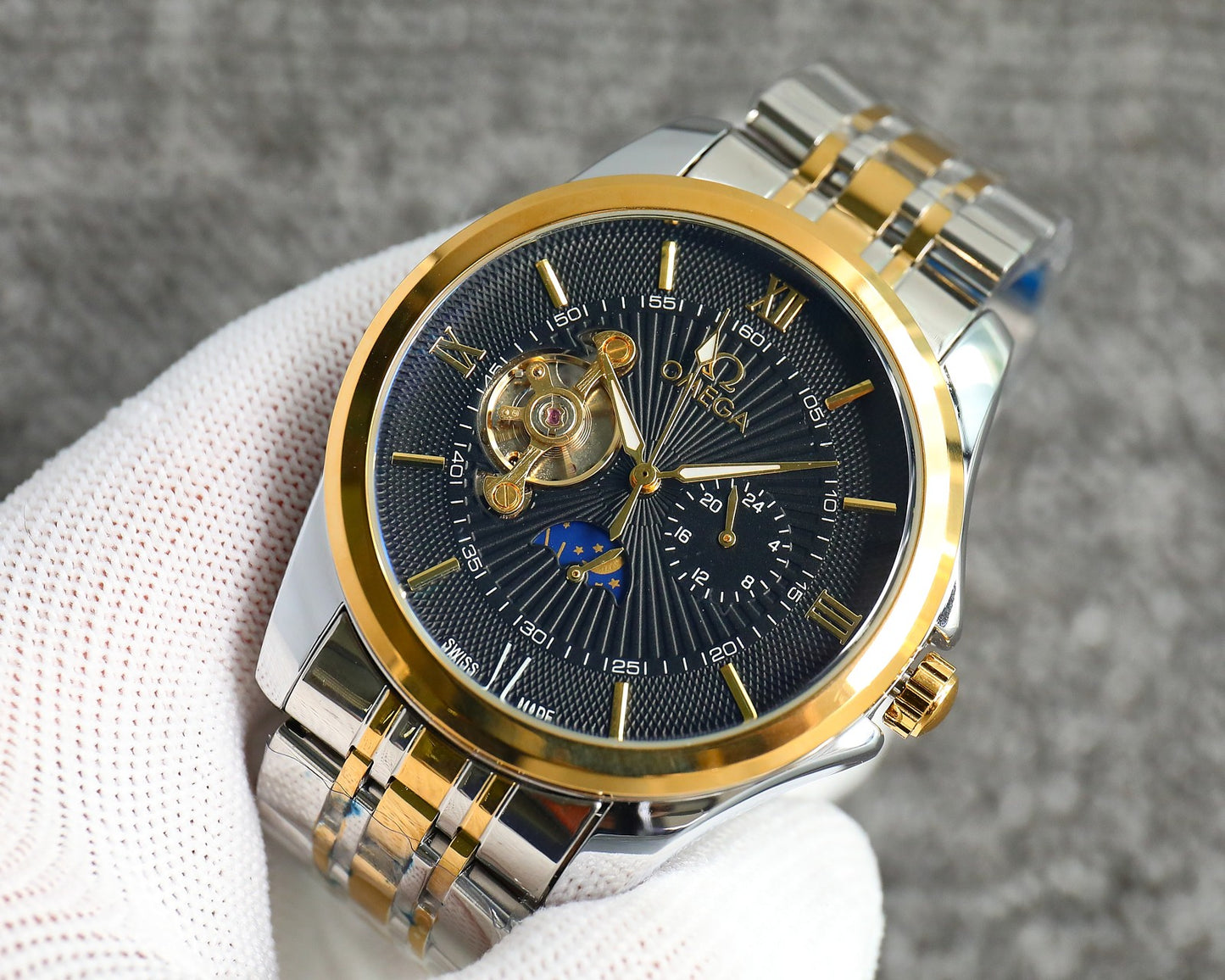 Omega Nine Wheel Fully Automatic Sun Moon Star Metal Strap Watch