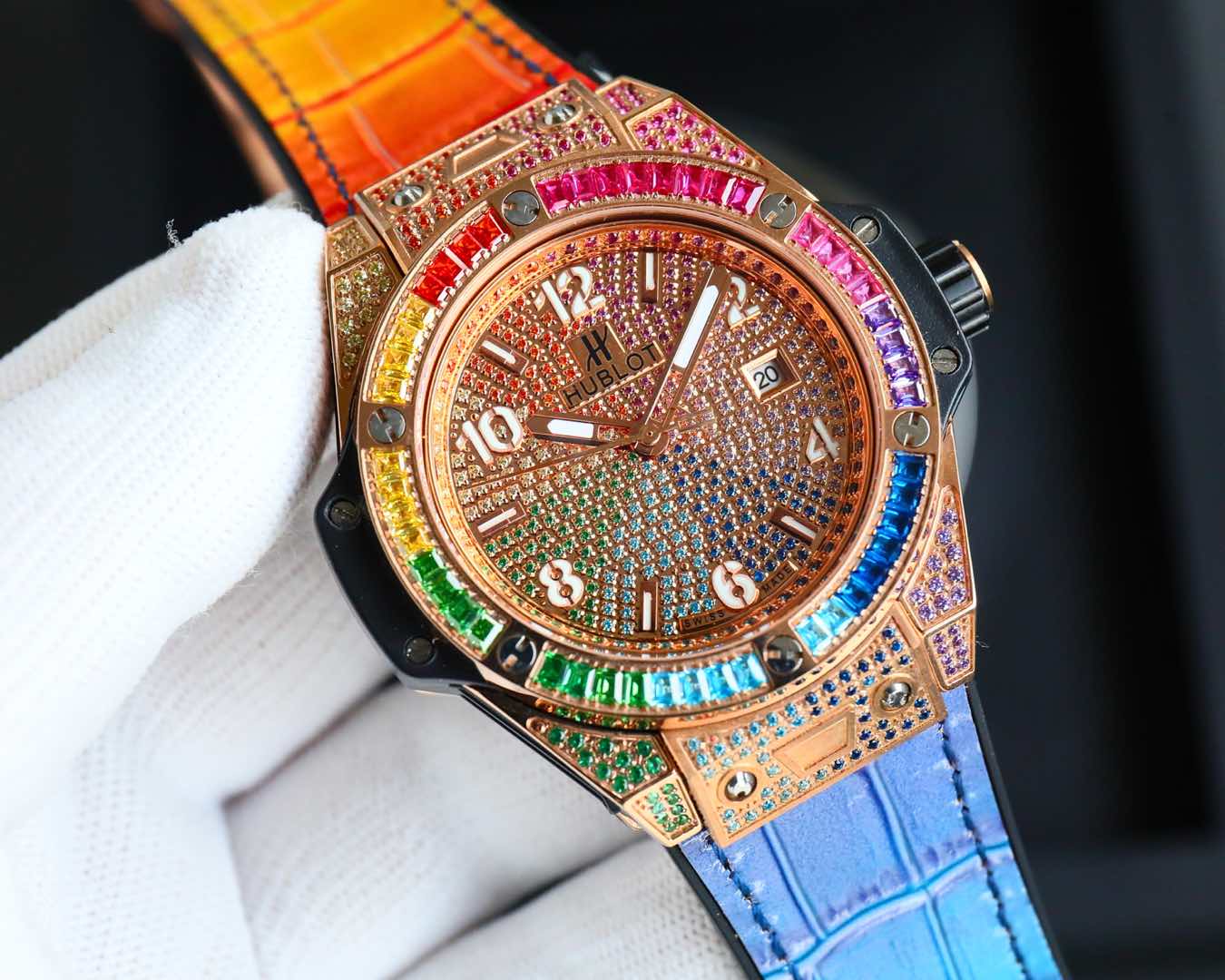 Hublot Stainless Steel Rainbow Diamond Watch