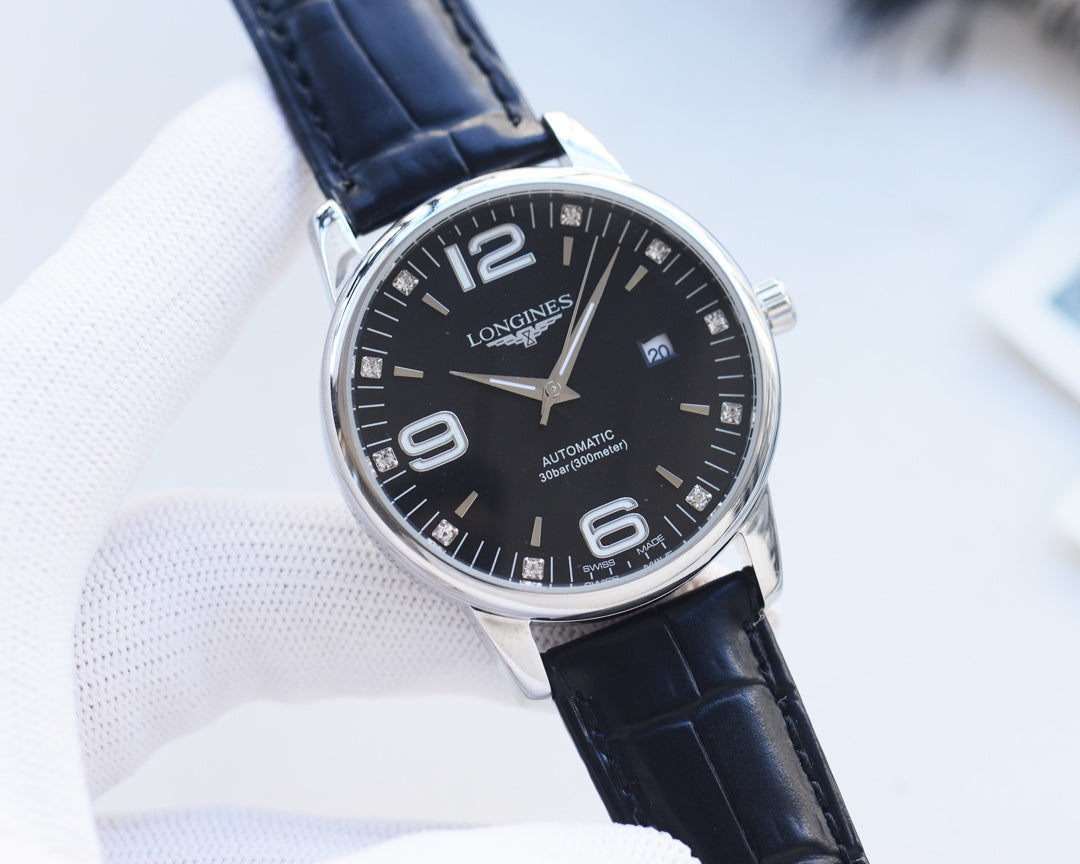 Longines leather strap calendar dial watch