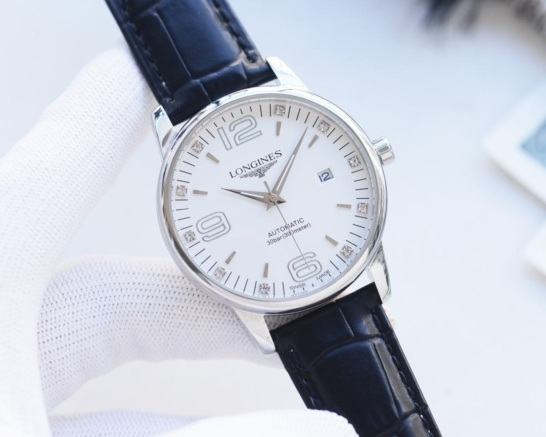 Longines leather strap calendar dial watch