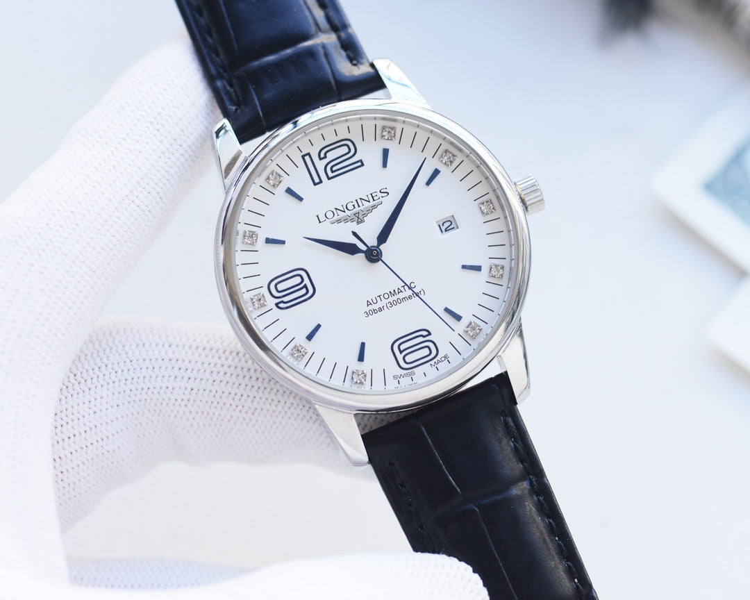 Longines leather strap calendar dial watch