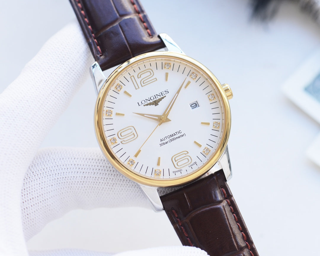 Longines leather strap calendar dial watch