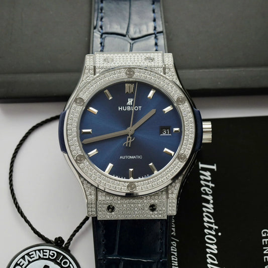 Hublot Classic Fusion Bracelet Full Degree Diamond Moissanite Blue Watch